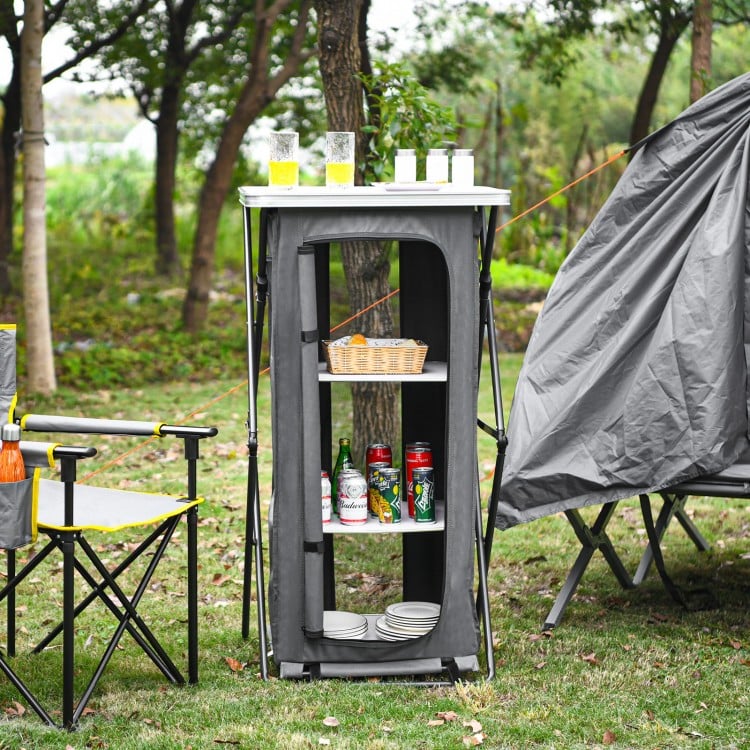 Folding camping storage cabinet featuring a heavy-duty steel frame and breathable mesh, perfect for outdoor.